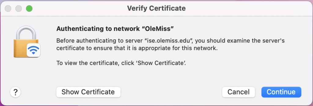 Mac Verify Certificate Prompt for OleMiss